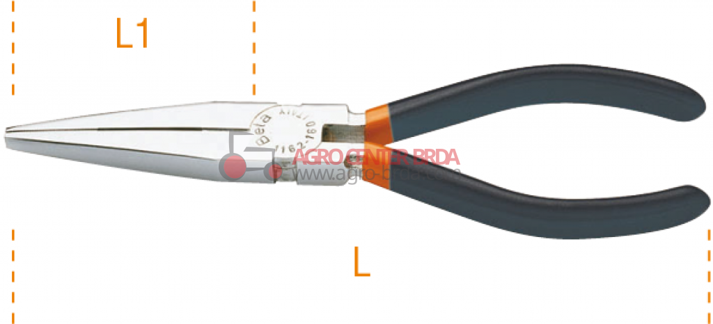 extra-long flat straight knurled-nose pliers, handles coated with 2 layers of non-slip PVC